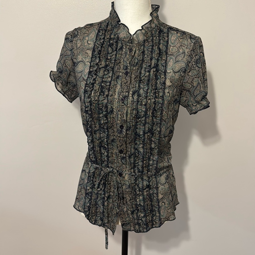 DKNY Jeans, Short Sleeves, button front Ruffle detail with tie around waist